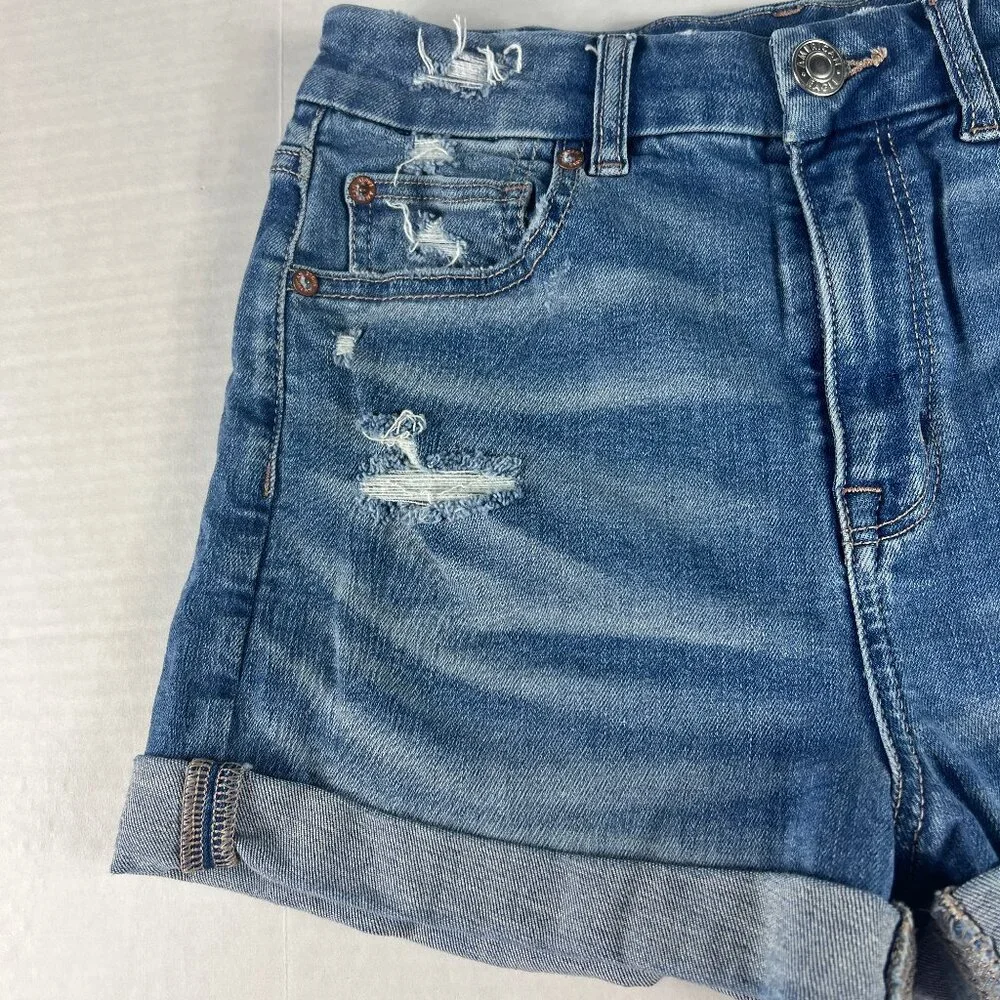 American Eagle Shorts Women 27* Curvy Hi Rise Blue Distressed Cuffed Denim Tag 4